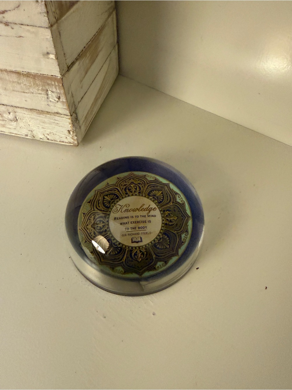 Glass Dome Paperweight “Knowledge” Sir Richard Steele Quote Gold Cobalt Decor